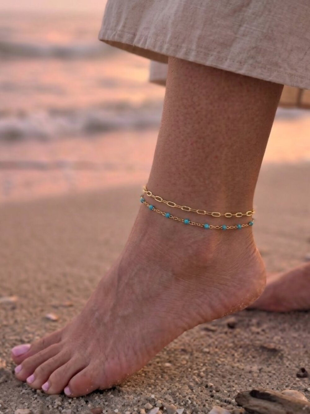 Boho Gold Double Layer Anklet with Turquoise Accent Beads Beach Jewerly